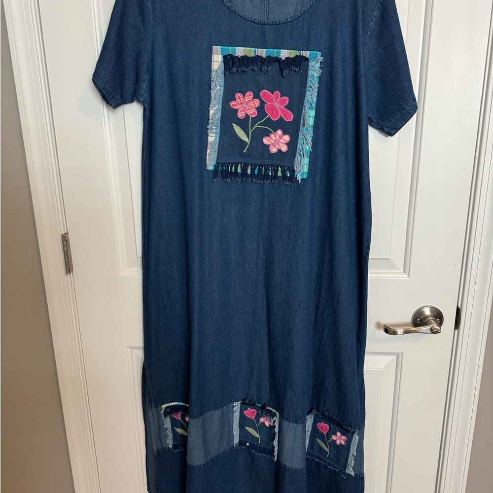 Embroidered Floral Denim Midi Dress